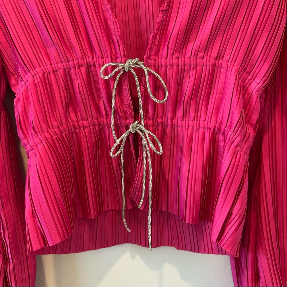 WAYF Payton Pink Tie Front Top Long Sleeve Blouse Women's Cardigan Rhinestone - Picture 10 of 16